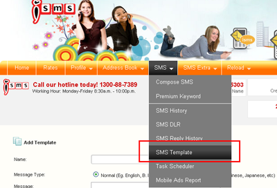 iSMS SMS Template menu